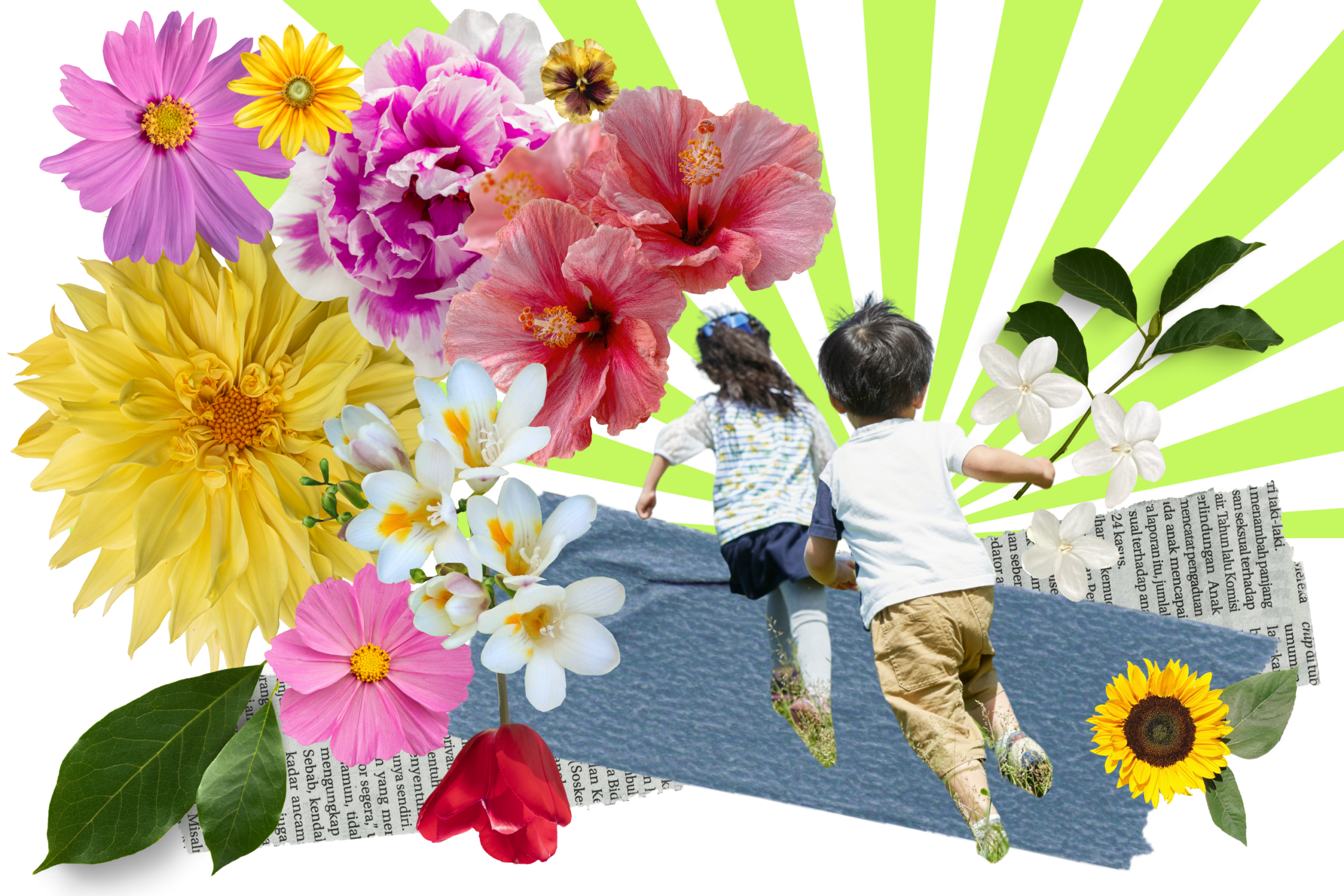 Collage illustration of children running and flowers.